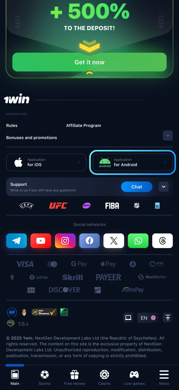 Choose the application for Android option at 1Win.