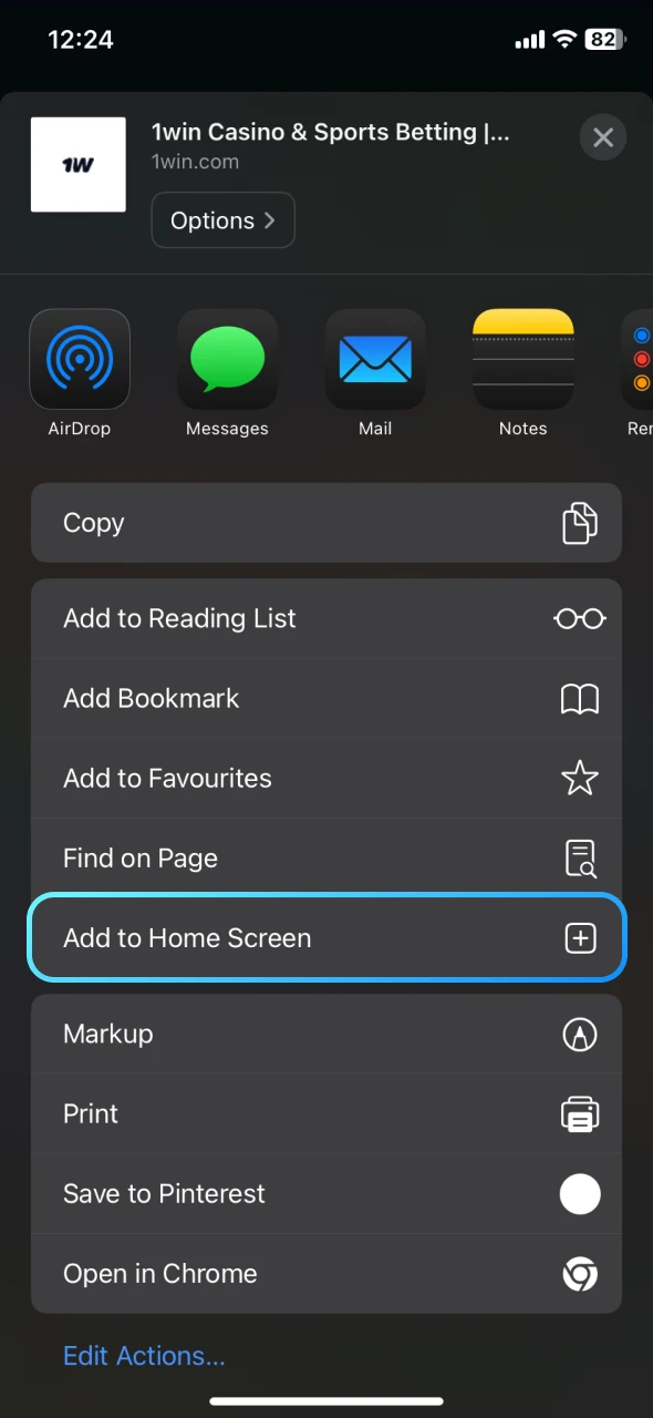 Select 1Win add to home screen option.