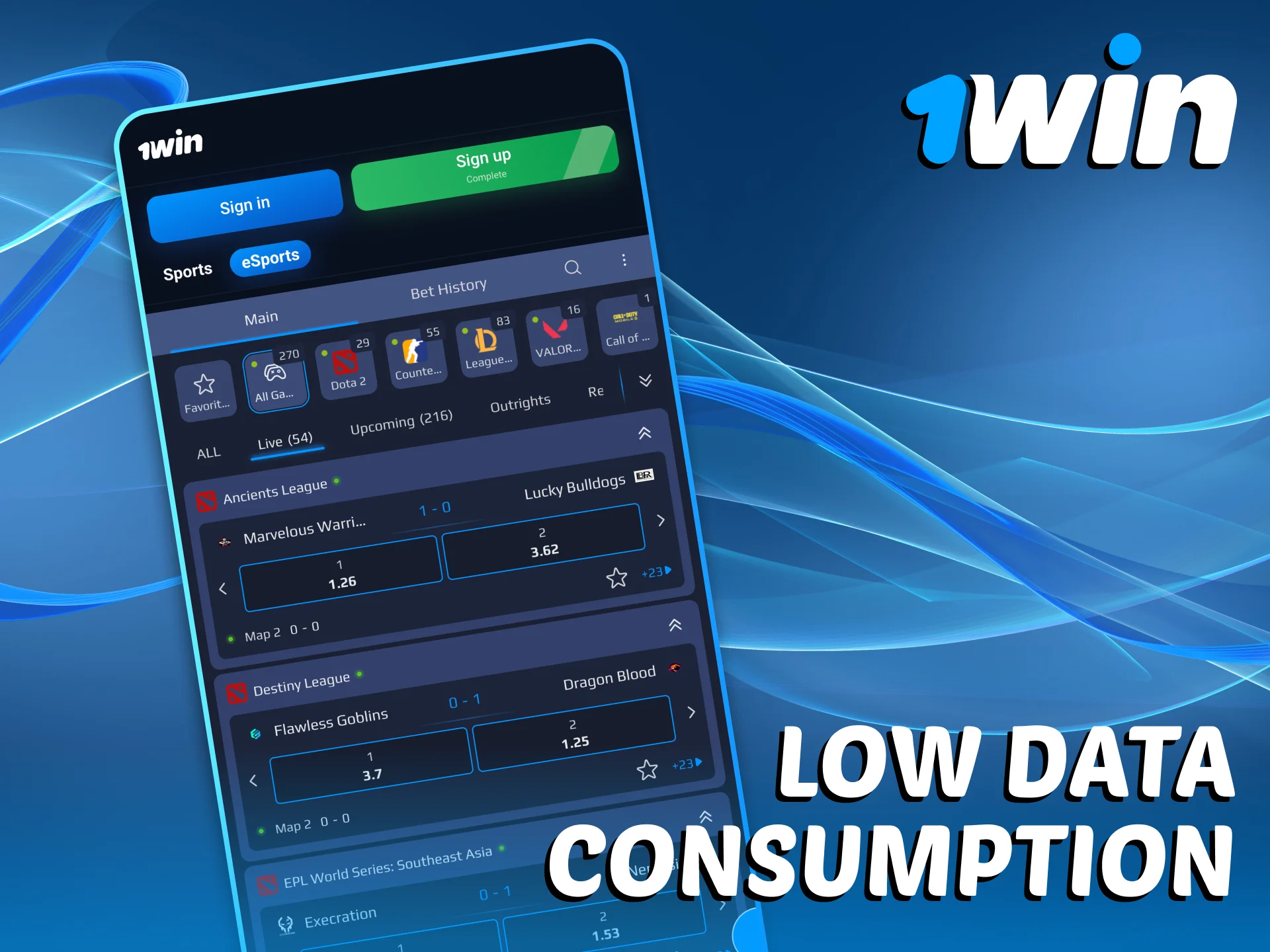 1Win app doesn't consume much storage space.