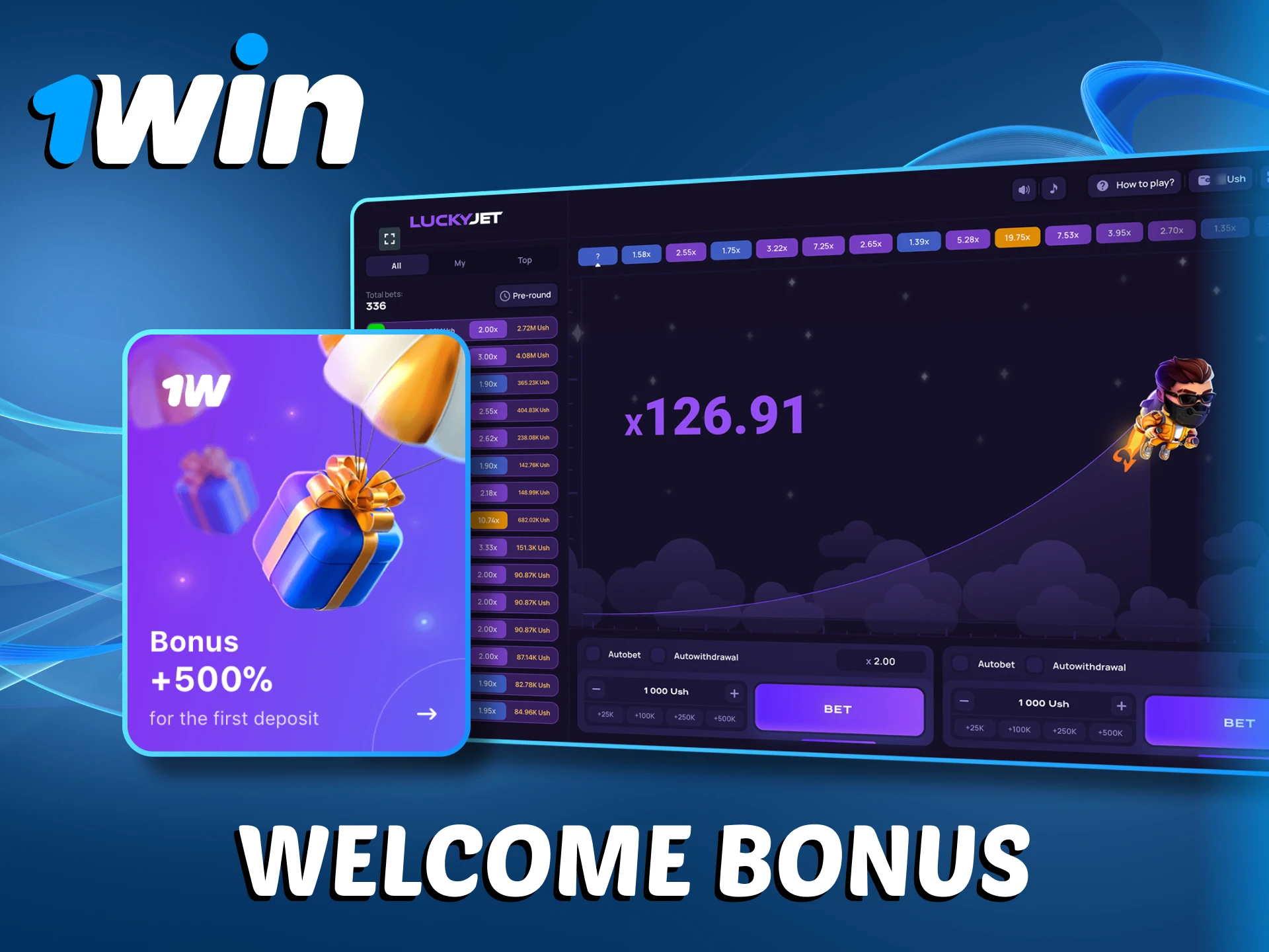 1Win provides a generous welcome bonus for Lucky Jet.