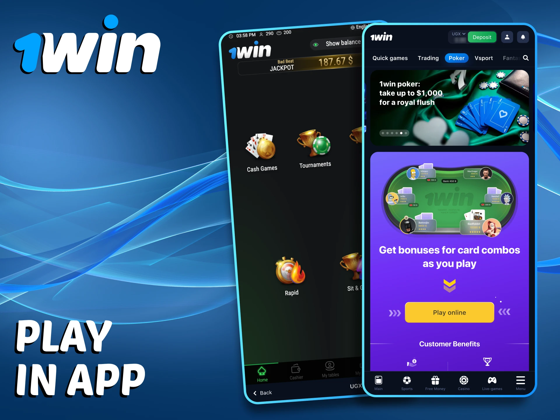 Install the 1Win app to play poker on the go.