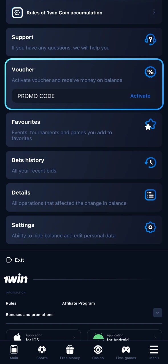 Activate the bonus in 1Win voucher section.