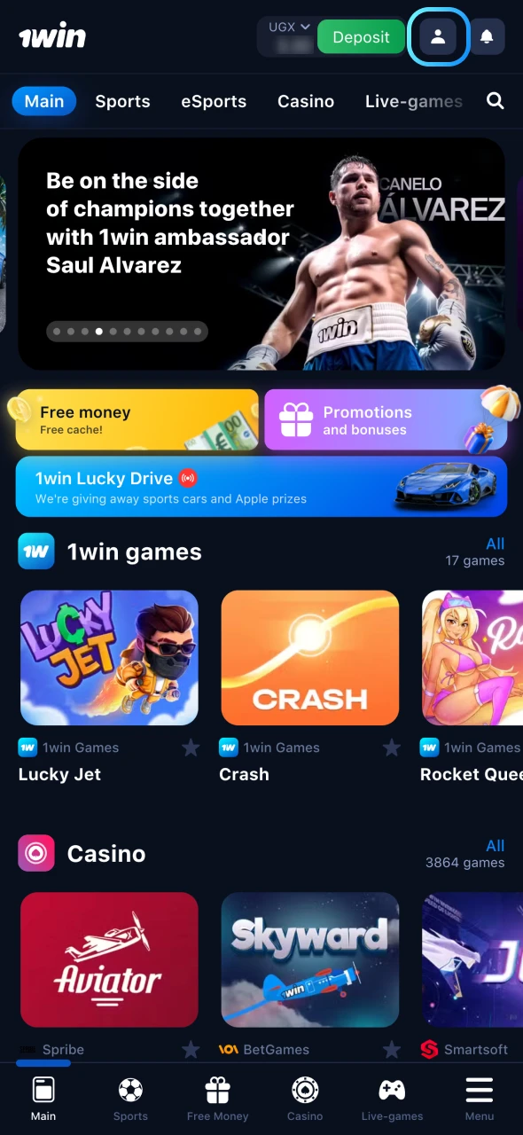 Open the profile section at 1Win main page.