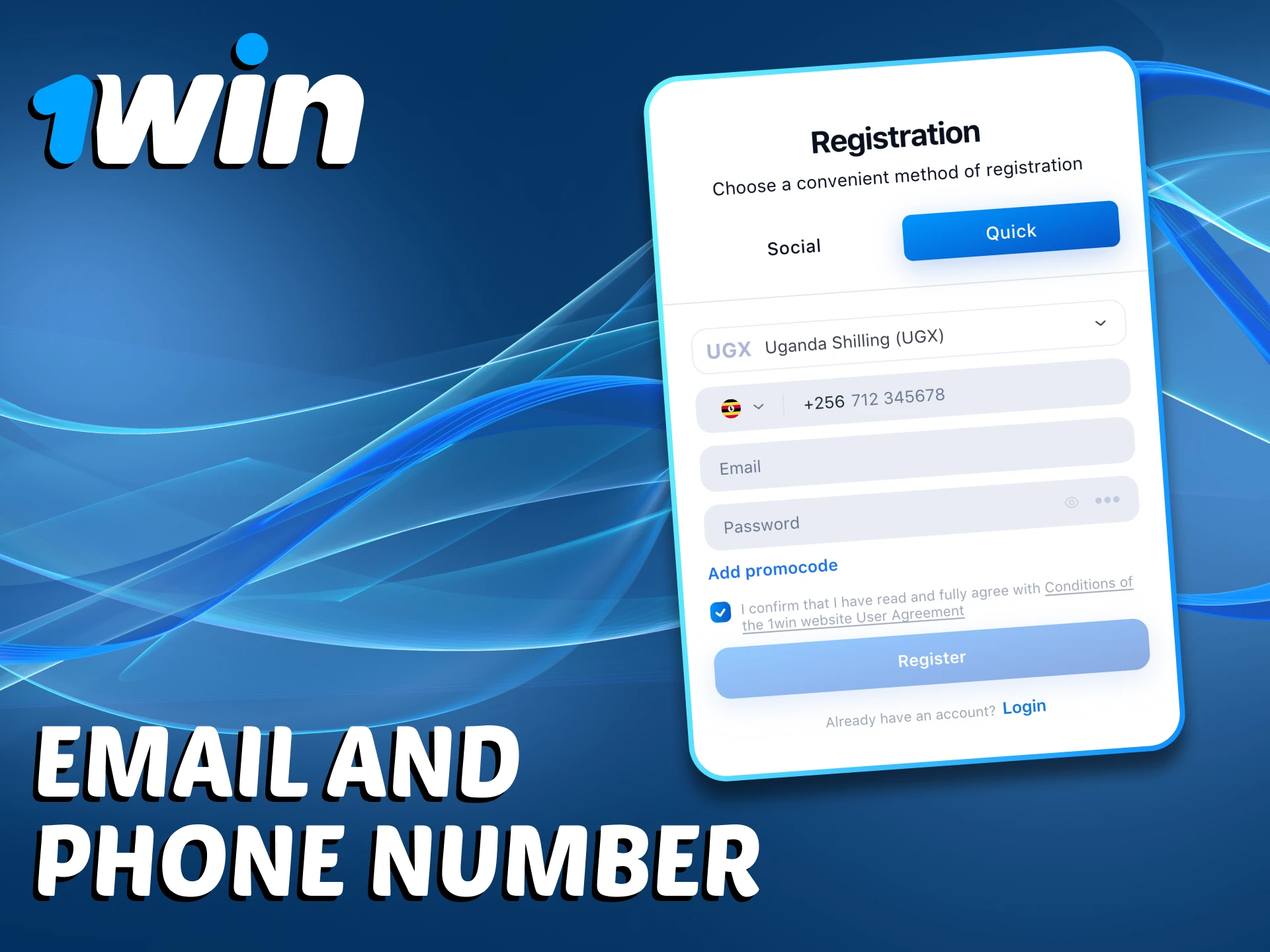 Use your email or phone number to register at 1Win.