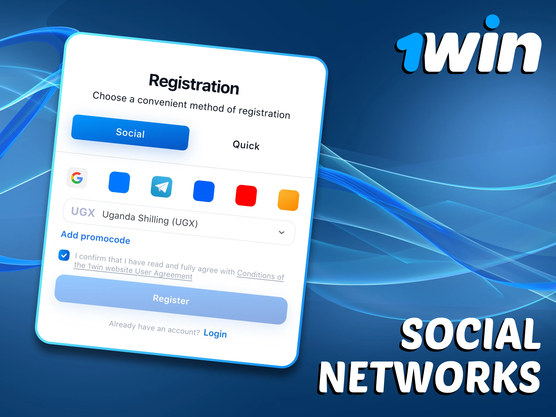 You can use social networks registration method at 1Win.