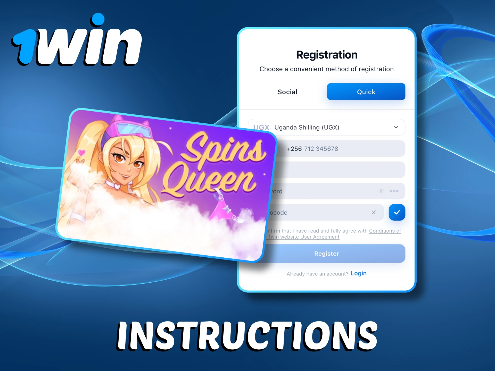 Register 1Win account and start playing Spins Queen.